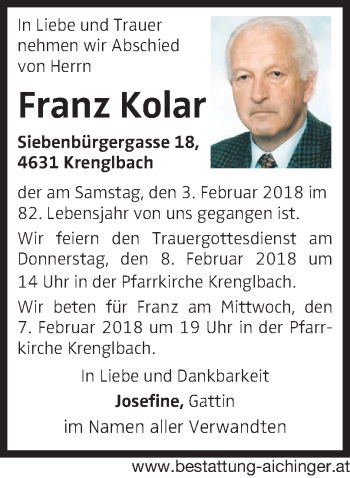 Traueranzeige von Franz Kolar von OÖNachrichten
