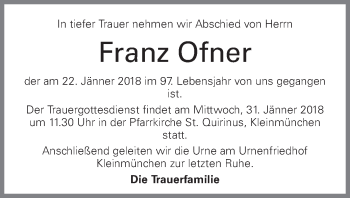Traueranzeige von Franz Ofner von OÖNachrichten