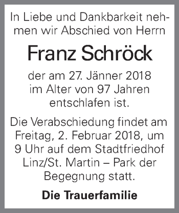 Traueranzeige von Franz Schröck von OÖNachrichten