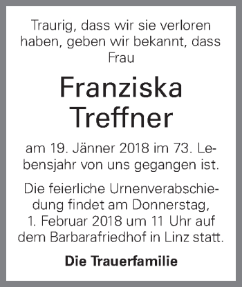 Traueranzeige von Franziska Treffner von OÖNachrichten