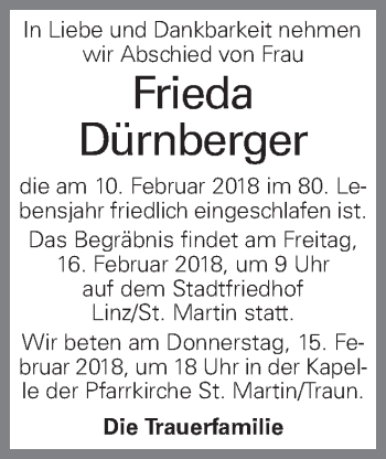 Traueranzeige von Frieda Dürnberger von OÖNachrichten