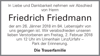 Traueranzeige von Friedrich Friedmann von OÖNachrichten