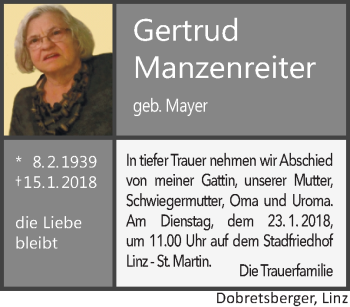Traueranzeige von Gertrud Manzenreiter von OÖNachrichten