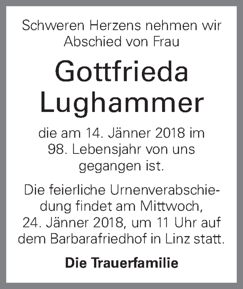  Traueranzeige für Gottfrieda Lughammer vom 19.01.2018 aus OÖNachrichten