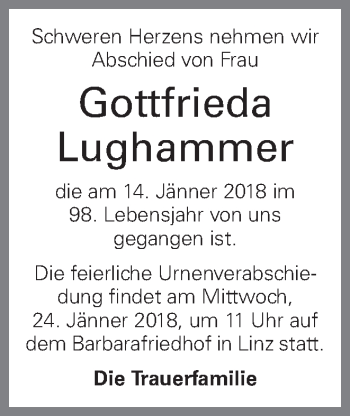 Traueranzeige von Gottfrieda Lughammer von OÖNachrichten