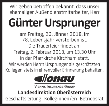 Traueranzeige von Günter Ursprunger von OÖNachrichten