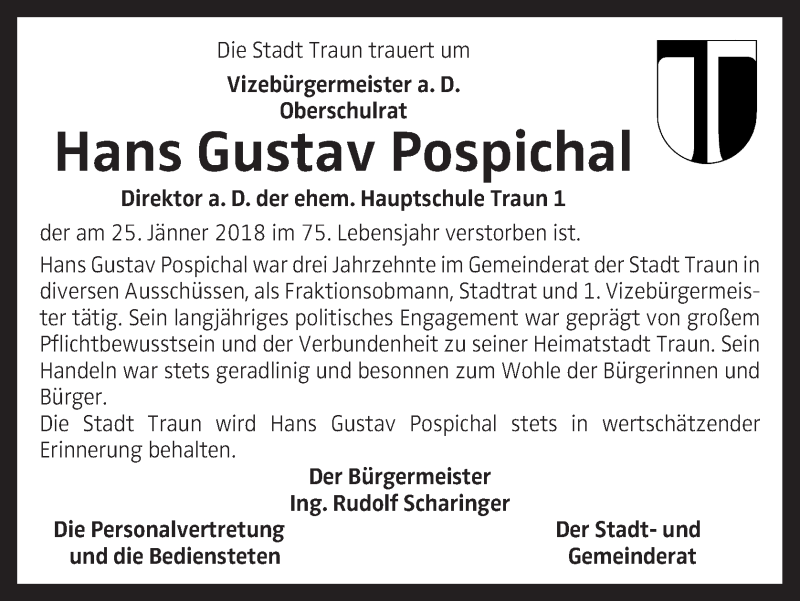  Traueranzeige für Hans Gustav Pospichal vom 05.02.2018 aus OÖNachrichten