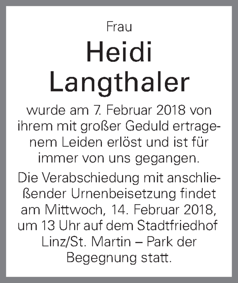  Traueranzeige für Heidi Langthaler vom 09.02.2018 aus OÖNachrichten