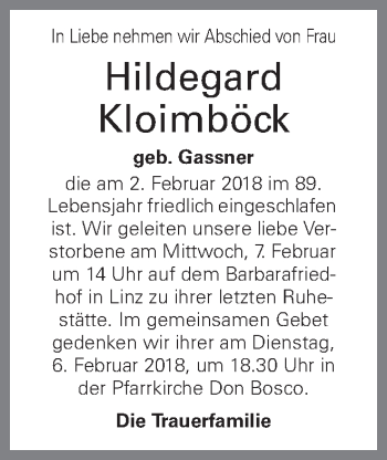 Traueranzeige von Hildegard Kloimböck von OÖNachrichten