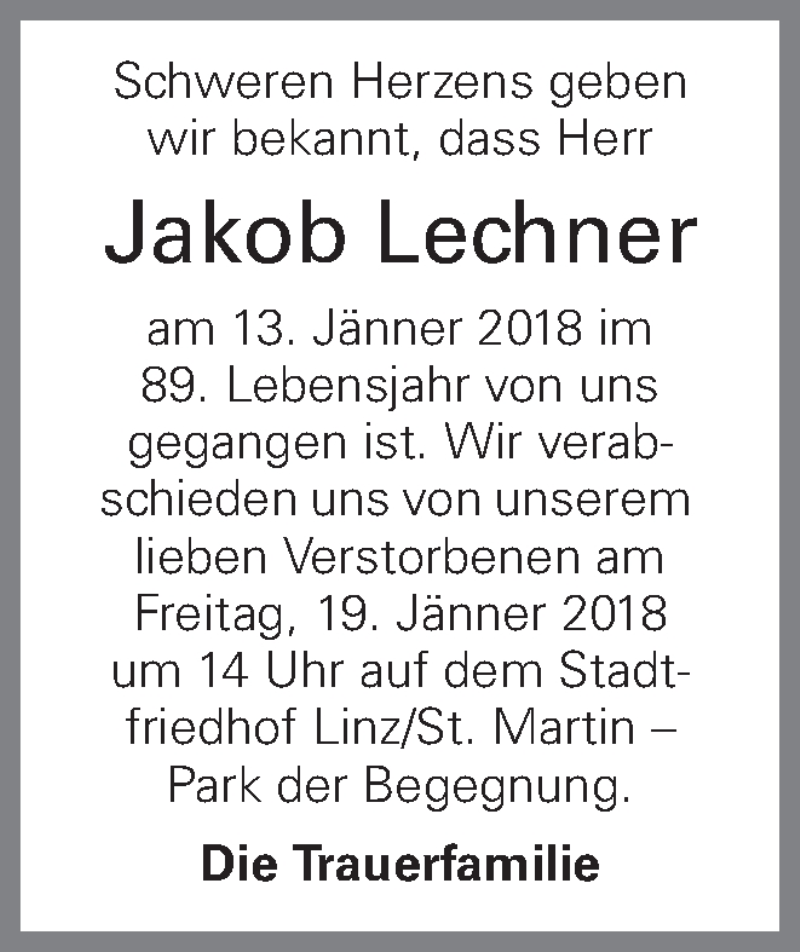  Traueranzeige für Jakob Lechner vom 17.01.2018 aus OÖNachrichten