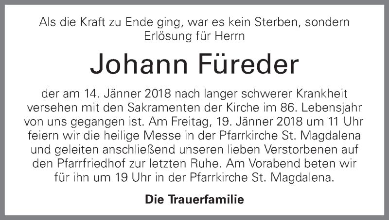  Traueranzeige für Johann Füreder vom 17.01.2018 aus OÖNachrichten