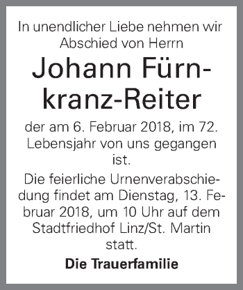 Traueranzeige von Johann Fürnkranz-Reiter von OÖNachrichten