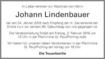 Traueranzeige von Johann Lindenbauer von OÖNachrichten