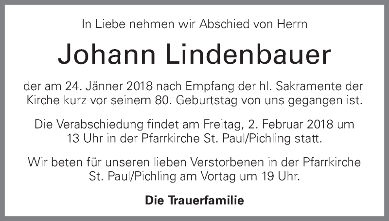  Traueranzeige für Johann Lindenbauer vom 27.01.2018 aus OÖNachrichten