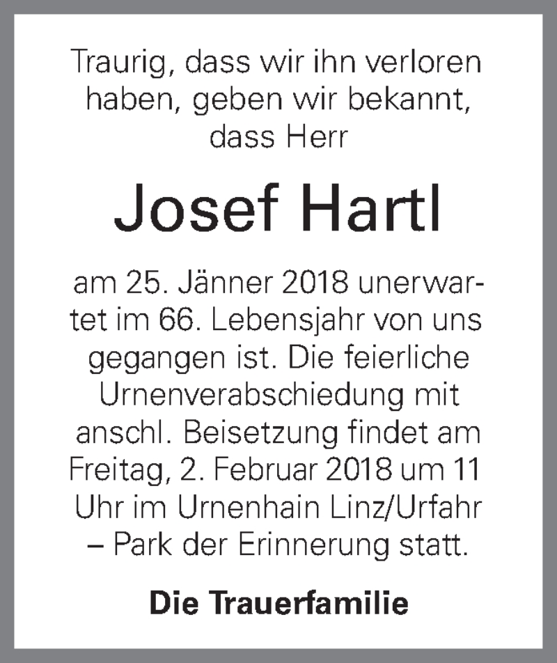  Traueranzeige für Josef Hartl vom 31.01.2018 aus OÖNachrichten