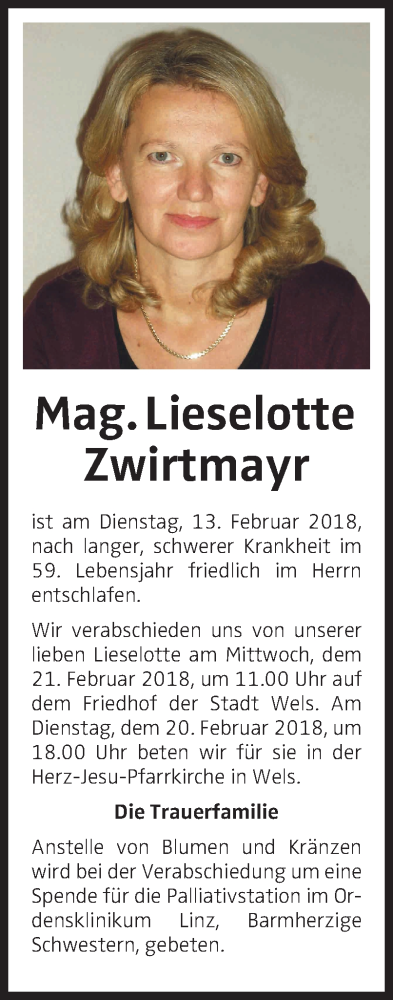  Traueranzeige für Lieselotte Zwirtmayr vom 17.02.2018 aus OÖNachrichten