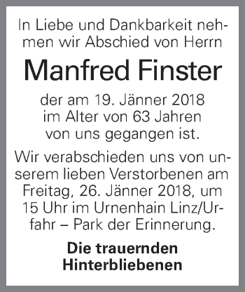 Traueranzeige von Manfred Finster von OÖNachrichten