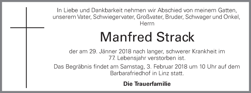  Traueranzeige für Manfred Strack vom 02.02.2018 aus OÖNachrichten