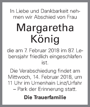 Traueranzeige von Margaretha König von OÖNachrichten