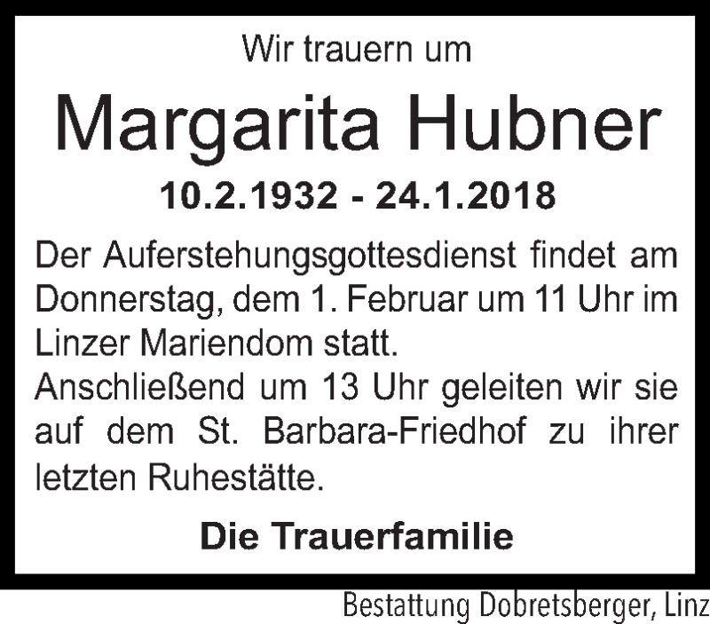  Traueranzeige für Margarita Hubner vom 27.01.2018 aus OÖNachrichten