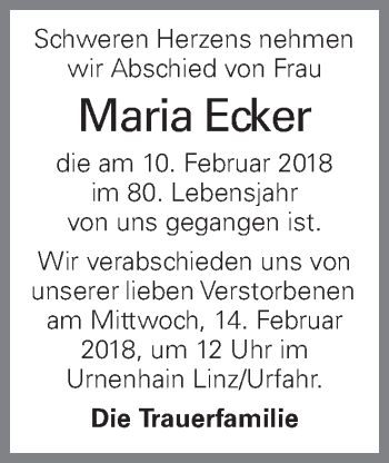 Traueranzeige von Maria Ecker von OÖNachrichten