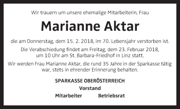 Traueranzeige von Marianne Aktar von OÖNachrichten