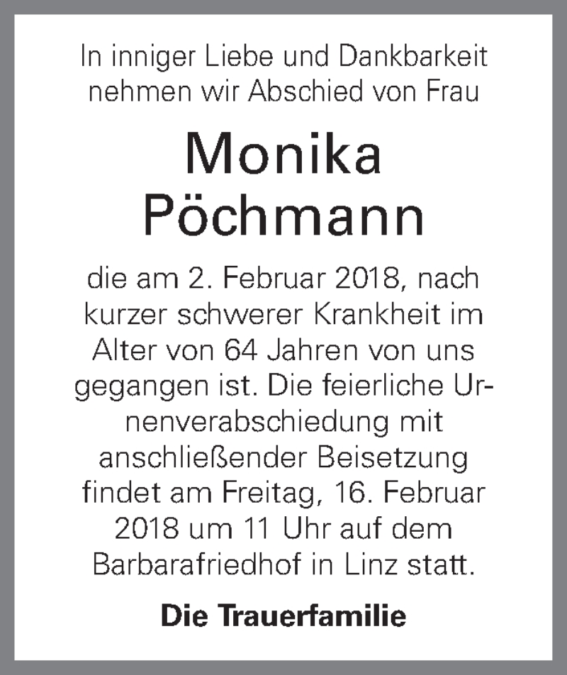  Traueranzeige für Monika Pöchmann vom 07.02.2018 aus OÖNachrichten