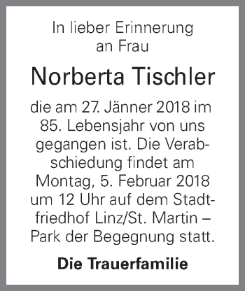 Traueranzeige von Norberta Tischler von OÖNachrichten