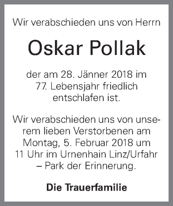 Traueranzeige von Oskar Pollak von OÖNachrichten