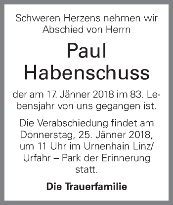 Traueranzeige von Paul Habenschuss von OÖNachrichten