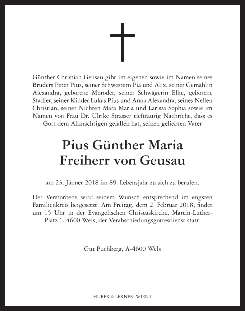  Traueranzeige für Pius Günther Maria Freiherr von Geusau vom 31.01.2018 aus OÖNachrichten
