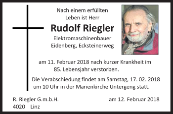 Traueranzeige von Rudolf Riegler von OÖNachrichten