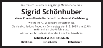 Traueranzeige von Sigrid Schönhuber von OÖNachrichten