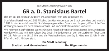 Traueranzeige von Stanislaus Bartel von OÖNachrichten