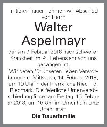 Traueranzeige von Walter Aspelmayr von OÖNachrichten