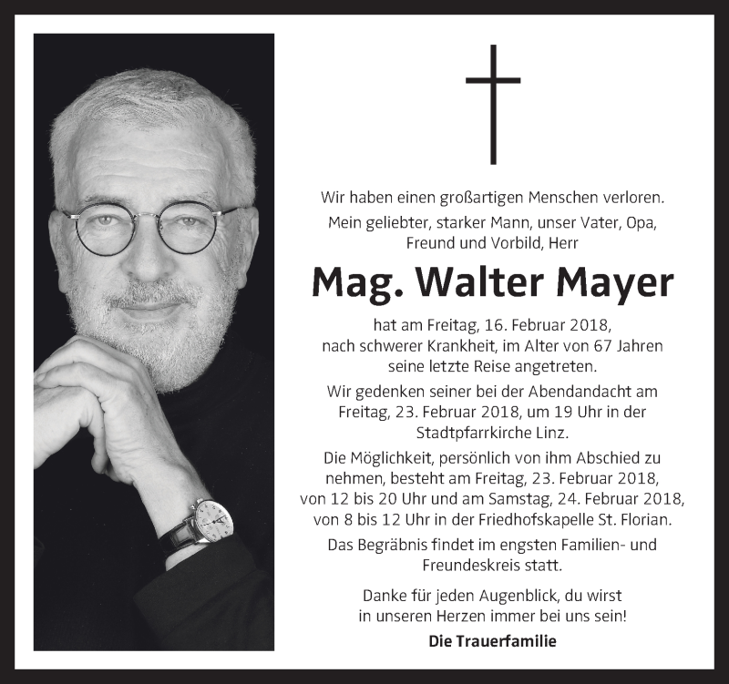  Traueranzeige für Walter Mayer vom 20.02.2018 aus OÖNachrichten