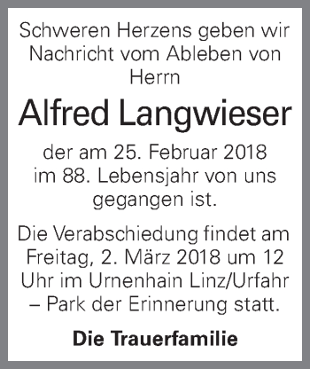 Traueranzeige von Alfred Langwieser von OÖNachrichten