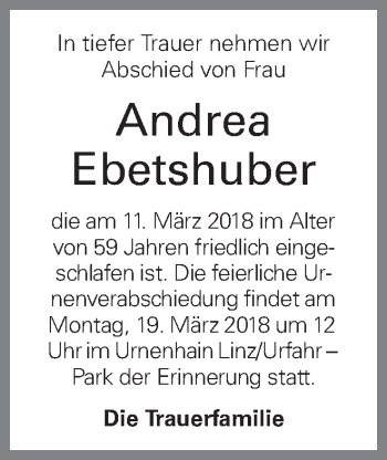 Traueranzeige von Andrea Ebetshuber von OÖNachrichten
