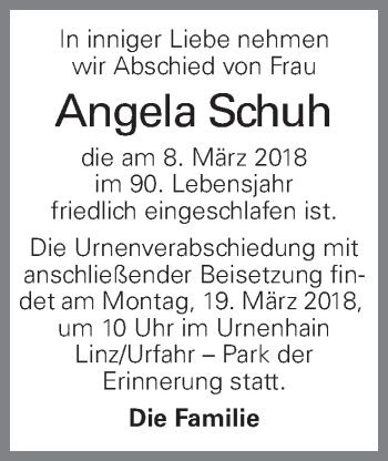 Traueranzeige von Angela Schuh von OÖNachrichten