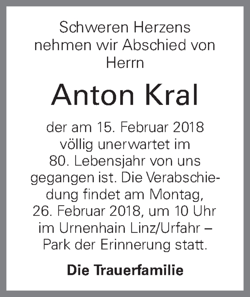  Traueranzeige für Anton Kral vom 20.02.2018 aus OÖNachrichten
