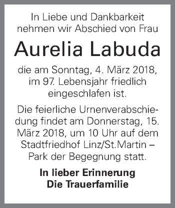 Traueranzeige von Aurelia Labuda von OÖNachrichten
