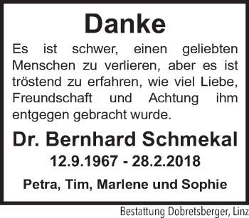 Traueranzeige von Bernhard Schmekal von OÖNachrichten