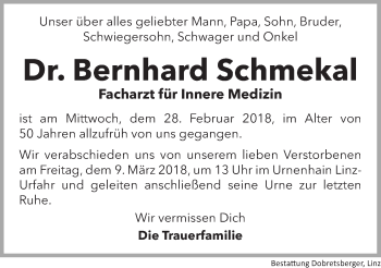Traueranzeige von Bernhard Schmekal von OÖNachrichten