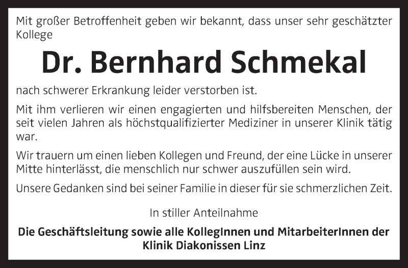  Traueranzeige für Bernhard Schmekal vom 03.03.2018 aus OÖNachrichten