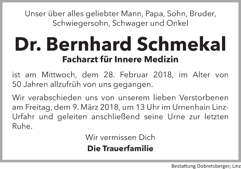  Traueranzeige für Bernhard Schmekal vom 03.03.2018 aus OÖNachrichten