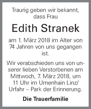 Traueranzeige von Edith Stranek von OÖNachrichten