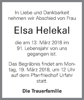 Traueranzeige von Elsa Helekal von OÖNachrichten