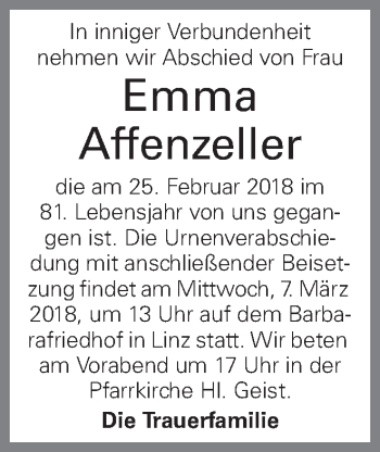 Traueranzeige von Emma Affenzeller von OÖNachrichten