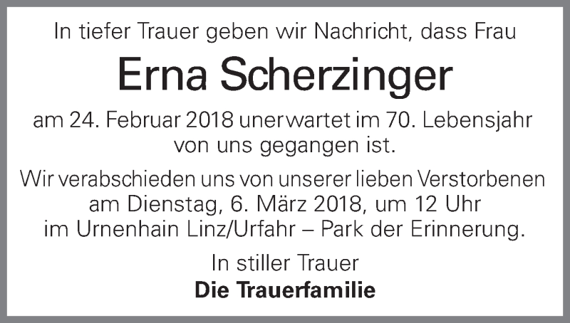  Traueranzeige für Erna Scherzinger vom 28.02.2018 aus OÖNachrichten
