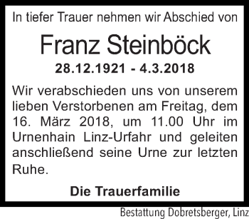 Traueranzeige von Franz Steinböck von OÖNachrichten